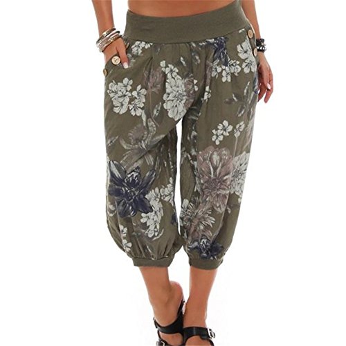 Yigoo Leichte Sommerhose Haremshose Pumphose Damen Kurz Strandhose Sport Bequem Marlene Hose Schlaghose Hosen Große Größe Grün Blumenmuster, Größe 2XL von Yigoo