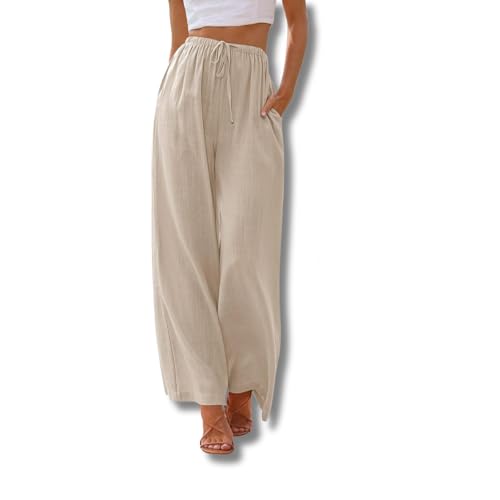 Yigoo Palazzo Hose Damen: Weite Hose Sommer mit Tunnelzug & Seitentaschen – High Waist Design für Bequeme Passform + Atmungsaktive Leichte Stoffe – Elegante Freizeithose & Strandhose Beige S von Yigoo