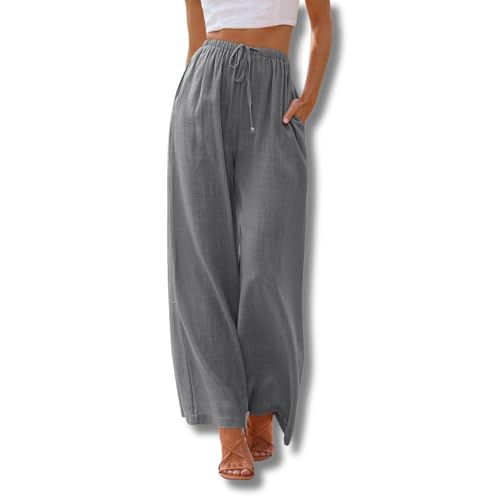Yigoo Palazzo Hose Damen: Weite Hose Sommer mit Tunnelzug & Seitentaschen – High Waist Design für Bequeme Passform + Atmungsaktive Leichte Stoffe – Elegante Freizeithose & Strandhose Grau XXL von Yigoo