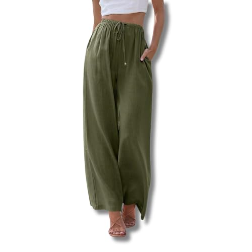 Yigoo Palazzo Hose Damen: Weite Hose Sommer mit Tunnelzug & Seitentaschen – High Waist Design für Bequeme Passform + Atmungsaktive Leichte Stoffe – Elegante Freizeithose & Strandhose Grün XXL von Yigoo