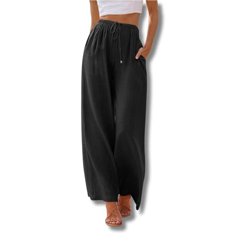 Yigoo Palazzo Hose Damen: Weite Hose Sommer mit Tunnelzug & Seitentaschen – High Waist Design für Bequeme Passform + Atmungsaktive Leichte Stoffe – Elegante Freizeithose & Strandhose Schwarz L von Yigoo