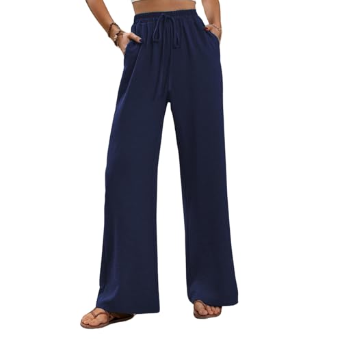 Yigoo Palazzo Hose Damen: Weite Hose Sommer mit Tunnelzug & Seitentaschen – High Waist Design für Bequeme Passform + Atmungsaktive Leichte Stoffe – Elegante Freizeithose & Strandhose Tiefblau XXL von Yigoo
