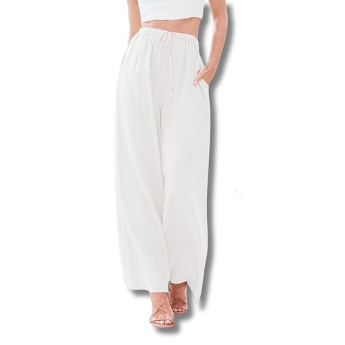 Yigoo Palazzo Hose Damen: Weite Hose Sommer mit Tunnelzug & Seitentaschen – High Waist Design für Bequeme Passform + Atmungsaktive Leichte Stoffe – Elegante Freizeithose & Strandhose Weiß M von Yigoo