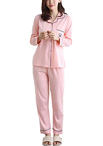 Yigoo Pyjama Schlafanzug Damen Lang Baumwolle Klassische Sleepwear V-Ausschnitt Zweiteiliges Rosa 2XL von Yigoo