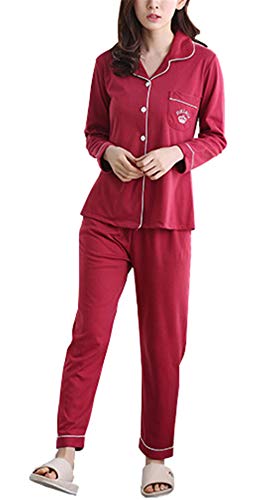 Yigoo Pyjama Schlafanzug Damen Lang Baumwolle Klassische Sleepwear V-Ausschnitt Zweiteiliges Rot L von Yigoo