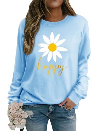 Yihelian Damen Sweatshirt mit Gänseblümchen Muster Weicher Rundhals Pullover aus Baumwolle Lässiges Blumen Shirt Bequemes Frauen Oberteil von Yihelian