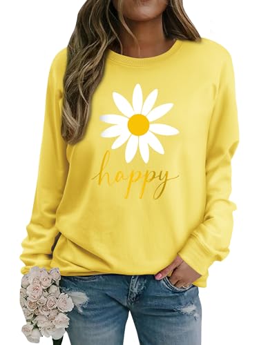 Yihelian Damen Sweatshirt mit Gänseblümchen Muster Weicher Rundhals Pullover aus Baumwolle Lässiges Blumen Shirt Bequemes Frauen Oberteil von Yihelian