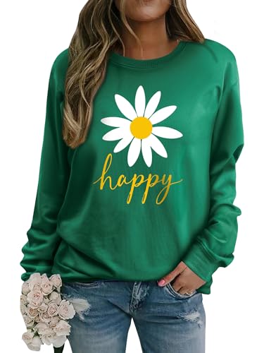 Yihelian Damen Sweatshirt mit Gänseblümchen Muster Weicher Rundhals Pullover aus Baumwolle Lässiges Blumen Shirt Bequemes Frauen Oberteil von Yihelian