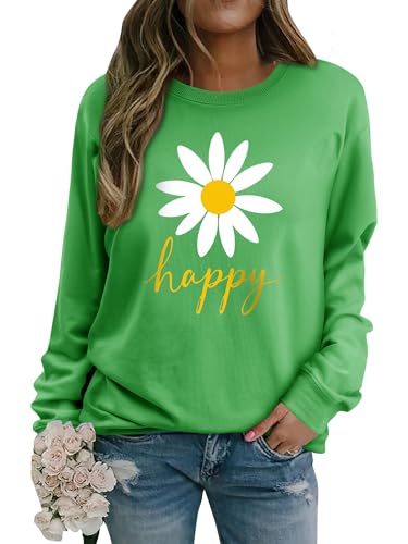 Yihelian Damen Sweatshirt mit Gänseblümchen Muster Weicher Rundhals Pullover aus Baumwolle Lässiges Blumen Shirt Bequemes Frauen Oberteil von Yihelian