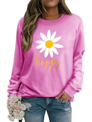 Yihelian Damen Sweatshirt mit Gänseblümchen Muster Weicher Rundhals Pullover aus Baumwolle Lässiges Blumen Shirt Bequemes Frauen Oberteil von Yihelian