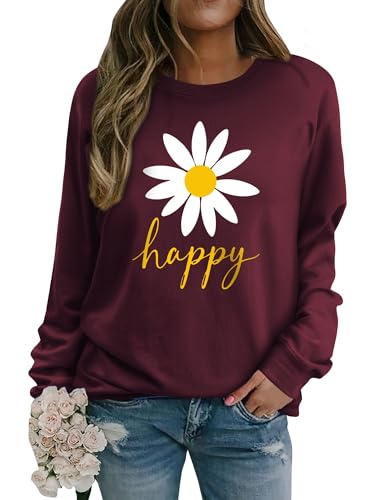 Yihelian Damen Sweatshirt mit Gänseblümchen Muster Weicher Rundhals Pullover aus Baumwolle Lässiges Blumen Shirt Bequemes Frauen Oberteil von Yihelian