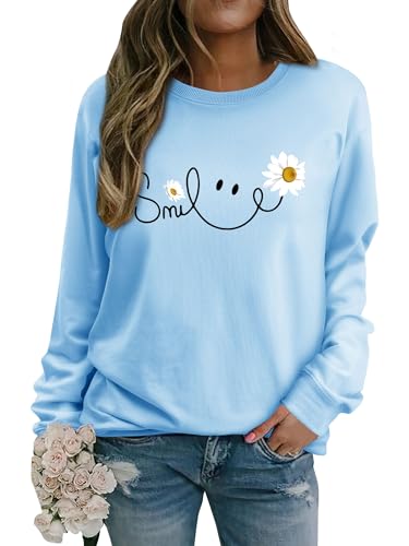 Yihelian Damen Sweatshirt mit Gänseblümchen Muster Weicher Rundhals Pullover aus Baumwolle Lässiges Blumen Shirt Bequemes Frauen Oberteil von Yihelian