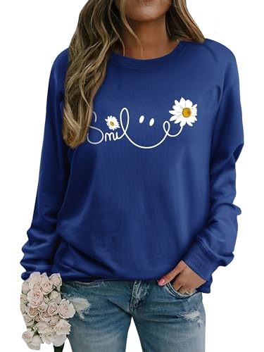 Yihelian Damen Sweatshirt mit Gänseblümchen Muster Weicher Rundhals Pullover aus Baumwolle Lässiges Blumen Shirt Bequemes Frauen Oberteil von Yihelian