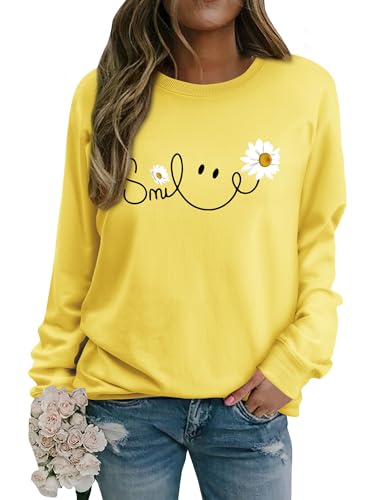 Yihelian Damen Sweatshirt mit Gänseblümchen Muster Weicher Rundhals Pullover aus Baumwolle Lässiges Blumen Shirt Bequemes Frauen Oberteil von Yihelian