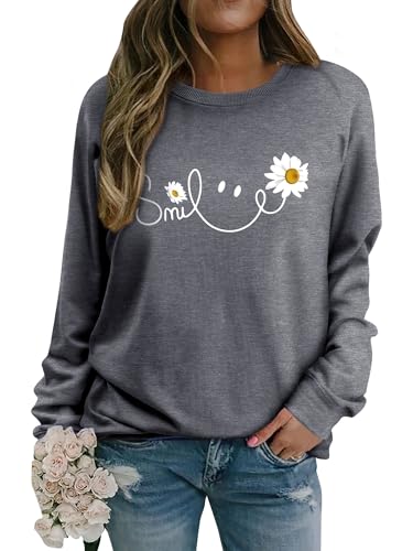 Yihelian Damen Sweatshirt mit Gänseblümchen Muster Weicher Rundhals Pullover aus Baumwolle Lässiges Blumen Shirt Bequemes Frauen Oberteil von Yihelian
