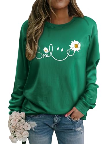 Yihelian Damen Sweatshirt mit Gänseblümchen Muster Weicher Rundhals Pullover aus Baumwolle Lässiges Blumen Shirt Bequemes Frauen Oberteil von Yihelian
