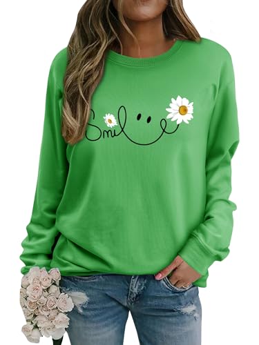 Yihelian Damen Sweatshirt mit Gänseblümchen Muster Weicher Rundhals Pullover aus Baumwolle Lässiges Blumen Shirt Bequemes Frauen Oberteil von Yihelian