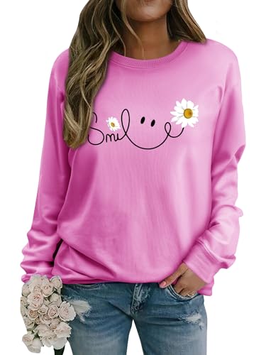Yihelian Damen Sweatshirt mit Gänseblümchen Muster Weicher Rundhals Pullover aus Baumwolle Lässiges Blumen Shirt Bequemes Frauen Oberteil von Yihelian