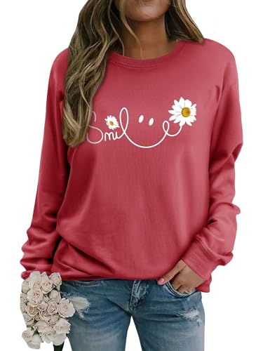 Yihelian Damen Sweatshirt mit Gänseblümchen Muster Weicher Rundhals Pullover aus Baumwolle Lässiges Blumen Shirt Bequemes Frauen Oberteil von Yihelian