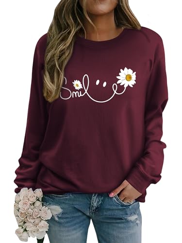 Yihelian Damen Sweatshirt mit Gänseblümchen Muster Weicher Rundhals Pullover aus Baumwolle Lässiges Blumen Shirt Bequemes Frauen Oberteil von Yihelian