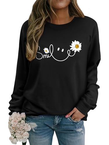 Yihelian Damen Sweatshirt mit Gänseblümchen Muster Weicher Rundhals Pullover aus Baumwolle Lässiges Blumen Shirt Bequemes Frauen Oberteil von Yihelian