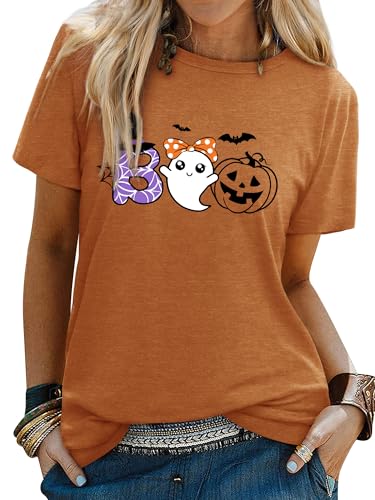 Yihelian Frauen Halloween T-Shirts Cute Ghost Pumpkin Bat Spider T-Shirts Kurzarmel Crew Neck Casual Sommer Tops von Yihelian