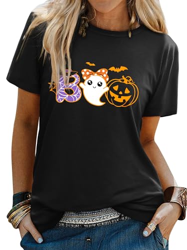 Yihelian Frauen Halloween T-Shirts Cute Ghost Pumpkin Bat Spider T-Shirts Kurzarmel Crew Neck Casual Sommer Tops von Yihelian