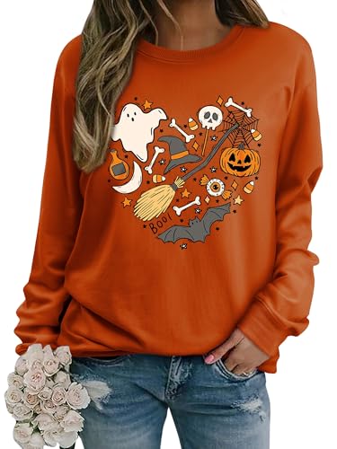 Yihelian Halloween Sweatshirts für Frauen Ghost Pumpkin Bat Grafikdruck Top Damen Langärmel Crew Hals Pullover Pullover Shirts von Yihelian