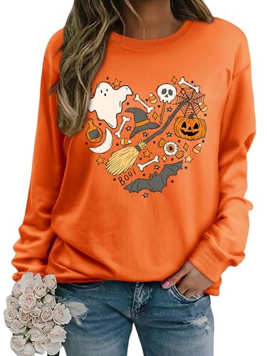 Yihelian Halloween Sweatshirts für Frauen Ghost Pumpkin Bat Grafikdruck Top Damen Langärmel Crew Hals Pullover Pullover Shirts von Yihelian