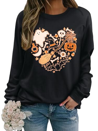 Yihelian Halloween Sweatshirts für Frauen Ghost Pumpkin Bat Grafikdruck Top Damen Langärmel Crew Hals Pullover Pullover Shirts von Yihelian