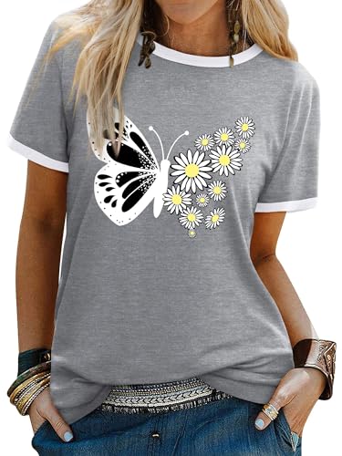 Yihelian Sommer Top für Frauen UK Schmetterling Gänseblümchen Druck T-Shirts lässig lose Bluse Kurzarm Rundhalsausschnitt mit weißem Rand von Yihelian