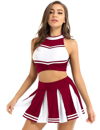 Yihuimin Damen Cheerleaderin Kostüm Set Karneval Faschings Tanzkostüm Set Cheerleading Kostüm Cheerleaderuniform Halloween Fasching Tanzkleidungset Weinrot XXL von Yihuimin