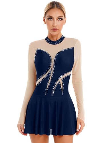 Yihuimin Damen Eiskunstlauf Kleid Langarm Kürkleid Strass Rollkunstlauf Kleider Patchwork Tanzkleid Tanzkostüm Navy Blau M von Yihuimin