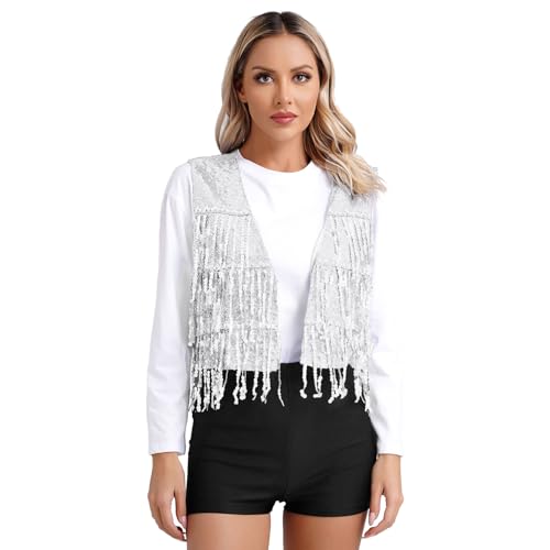 Yihuimin Damen Glitzer Pailletten Fransen Weste Cowboy Verkleidung Hippie Kostüm Disco Party Tanz S3xl Silber S Yihuimin Damen Glitzer Pailletten Fransen Weste Cowboy Verkleidung Hippie Kostüm Disco Party Tanz S3xl Silber S von Yihuimin