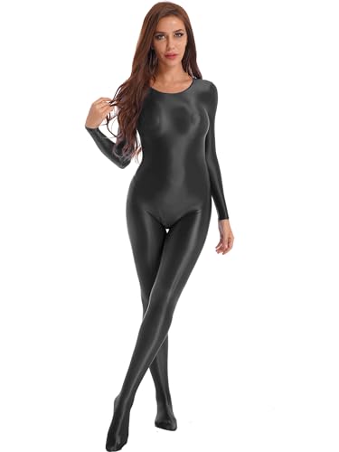 Yihuimin Damen Langarm Overall Öl Ganzkörperanzug Glänzend Body Stocking Glossy Bodysuit Einteiler Jumpsuit Trikotanzug Schwarz XL von Yihuimin