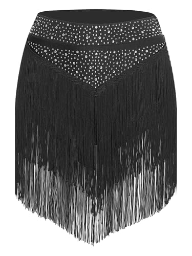Yihuimin Damen Latein Tanz Rock Fransen Rock Glitzer Strass Tanzrock Tango Chacha Festival Outfit Modern Dance Wear Rave Outfit Schwarz M von Yihuimin