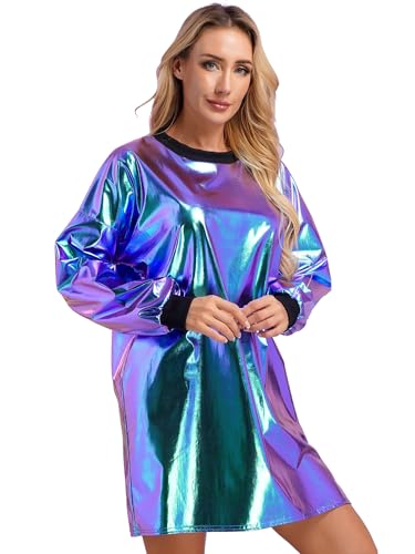 Yihuimin Damen Metallic Langarmkleid Silber Minikleid Sommerkleid Disco Vintage Kleid Lang Oberteile Rave Party Outfits Holografisches Blau XXL von Yihuimin