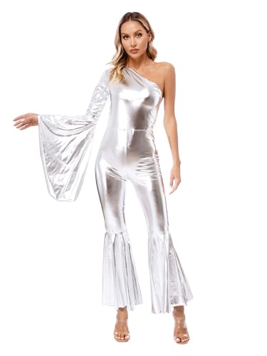Yihuimin Damen Metallic Overall Ein Schulter Ganzanzug Rompers Cosplay Disco Tanzanzug Halloween Tanzkostüm Clubwear Silber M von Yihuimin