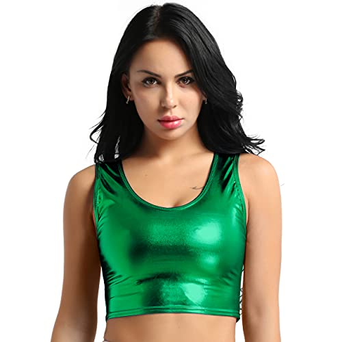 Yihuimin Damen Metallic Tank Top Ärmellos Crop Top Sommer T-Shirt Wetlook Bustier BH Sport Bra Bauchfrei Oberteile Party Top Grün Einheitsgröße von Yihuimin