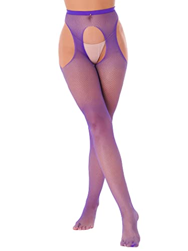 Yihuimin Damen Ouvert Strumpfhosen Offenem Schritt Netzstrümpfe Hosenträger Strapsstrümpfe Transparent Strapsstrumpfhose Pantyhose Violett Einheitsgröße von Yihuimin