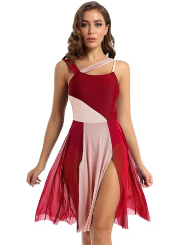 Yihuimin Damen Tanzkleid Ärmellose Lyrisches Kleider Latein Tanzkleidung Knielanges Ballettkleid Ballettanzug Wettbewerb Tanzkostüm Burgund M von Yihuimin