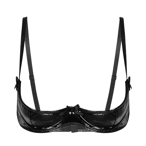 Yihuimin Damen Wetlook BH Hebe Sexy Bra Offene Brust Büstenhebe Push Up Bra mit Bügel Lackleder Bralette Verführerische Reizwäsche Lingerie Schwarz L von Yihuimin