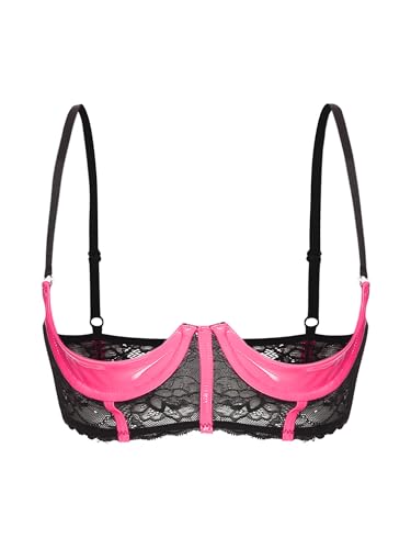 Yihuimin Damen Wetlook BH Hebe Sexy Bra Offene Brust Büstenhebe Push Up Bra mit Bügel Lackleder Bralette Verführerische Reizwäsche Lingerie U Rosa 5XL von Yihuimin