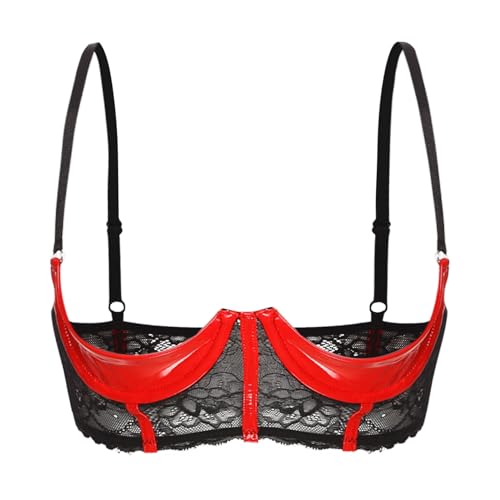 Yihuimin Damen Wetlook BH Hebe Sexy Bra Offene Brust Büstenhebe Push Up Bra mit Bügel Lackleder Bralette Verführerische Reizwäsche Lingerie U Rot S von Yihuimin