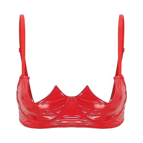 Yihuimin Damen Wetlook BH Hebe Sexy Bra Offene Brust Büstenhebe Push Up Bra mit Bügel Lackleder Bralette Verführerische Reizwäsche Lingerie X Rot 5XL von Yihuimin