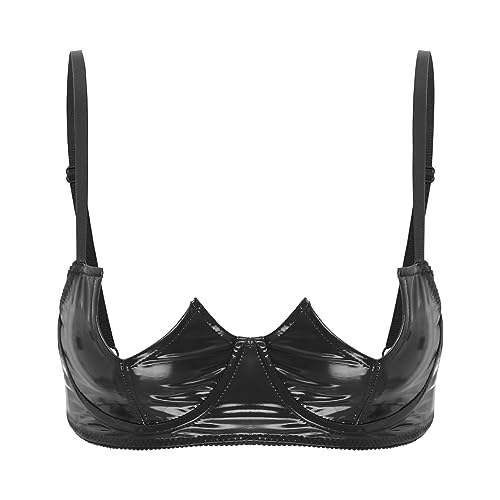 Yihuimin Damen Wetlook BH Hebe Sexy Bra Offene Brust Büstenhebe Push Up Bra mit Bügel Lackleder Bralette Verführerische Reizwäsche Lingerie X Schwarz 5XL von Yihuimin