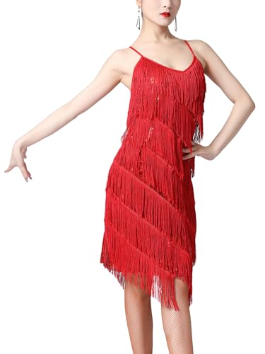 Yihuimin Frauen Kleid Latein Tanz Fransen Pailletten Kleid Salsa Rumba Chacha Tango Glanz Er Jahre Kostüm Show Dancewear Sxl Rot 3XL von Yihuimin