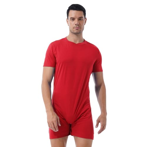 Yihuimin Herren Body Einteiler Unterwäsche Männer Kurzarm Unterhemd Jumpsuit Fitness Sportbody Boxershorts Bodysuit mit Knöpfe M-XXL Rot XL von Yihuimin