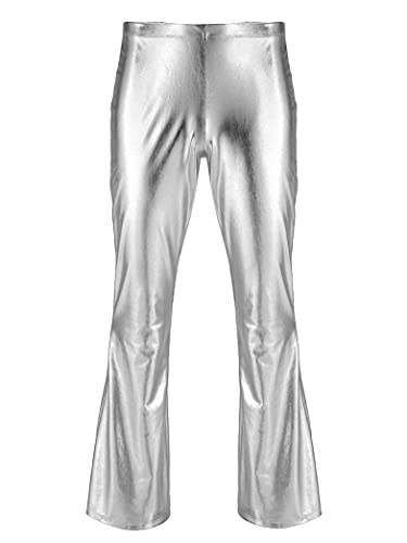 Yihuimin Lederhose Herren PU Leder Schlaghose Metallic Glänzend Pants Wetlook Hose Glitzer Disco 70er 80er Kleidung Tights Freizeithose Karnevalkostüm Silber L von Yihuimin