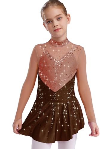 Yihuimin Mädchen Kinder Glitzer Ballettkleid Langarm Eiskunstlauf Kleid Latein Tanzkleid Gymnastikanzug Lyrischen Tanztrikot Braun 134-140 von Yihuimin